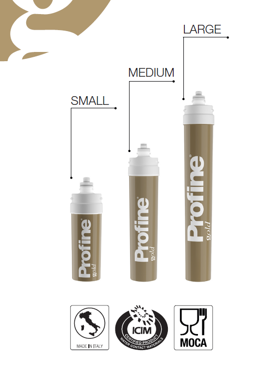 PROFINE filter GOLD M SET, za pročišćavanje kućne pitke vode, uklanja neugodne mirise i okuse aktivnim ugljenom obogaćenom ionima srebra, smanjuje klor, ULTRAfilter od 0,1 μm mikrona ukljanja 99,99% bakterija, smanjuje prisutnost organskih makromolekula, spoj na postojeću pipu, uključen spojni set i cijevi