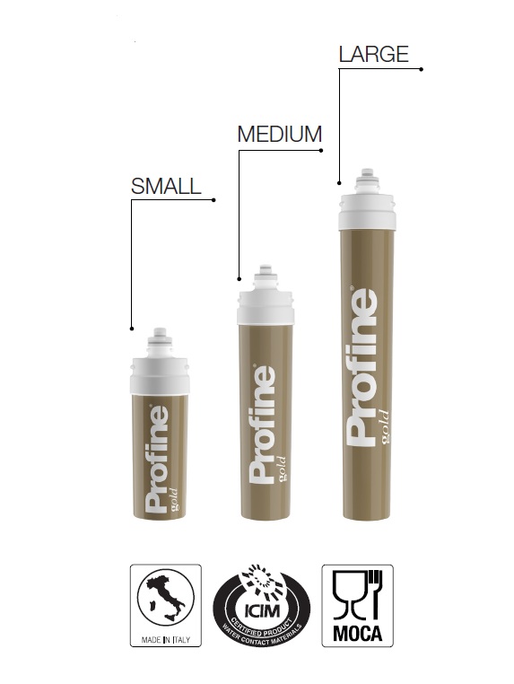 PROFINE filter GOLD M SET, za pročišćavanje kućne pitke vode, uklanja neugodne mirise i okuse aktivnim ugljenom obogaćenom ionima srebra, smanjuje klor, ULTRAfilter od 0,1 μm mikrona ukljanja 99,99% bakterija, smanjuje prisutnost organskih makromolekula, spoj na postojeću pipu, uključen spojni set i cijevi